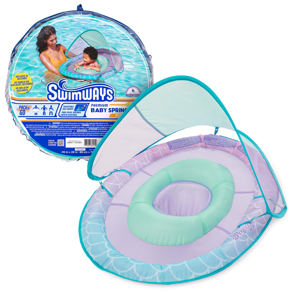 SwimWays Mermaid canopy on Baby Spring Float provides sun protection for safe splashing