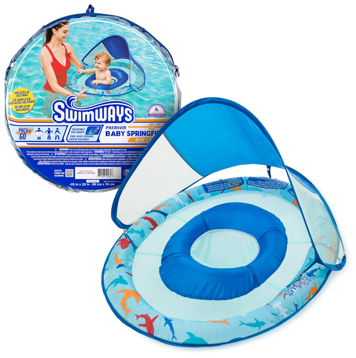 SwimWays Baby Spring Float Shark with secure leg holes for splash play.