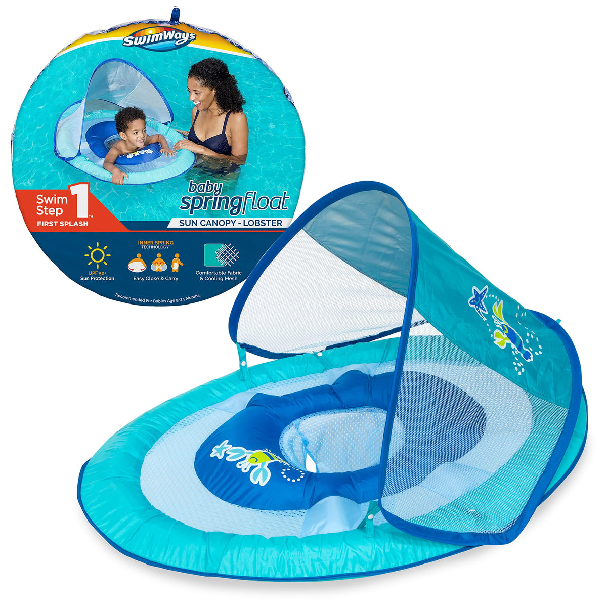SwimWays Baby Spring Float with Canopy provides shade and secure seating for babies