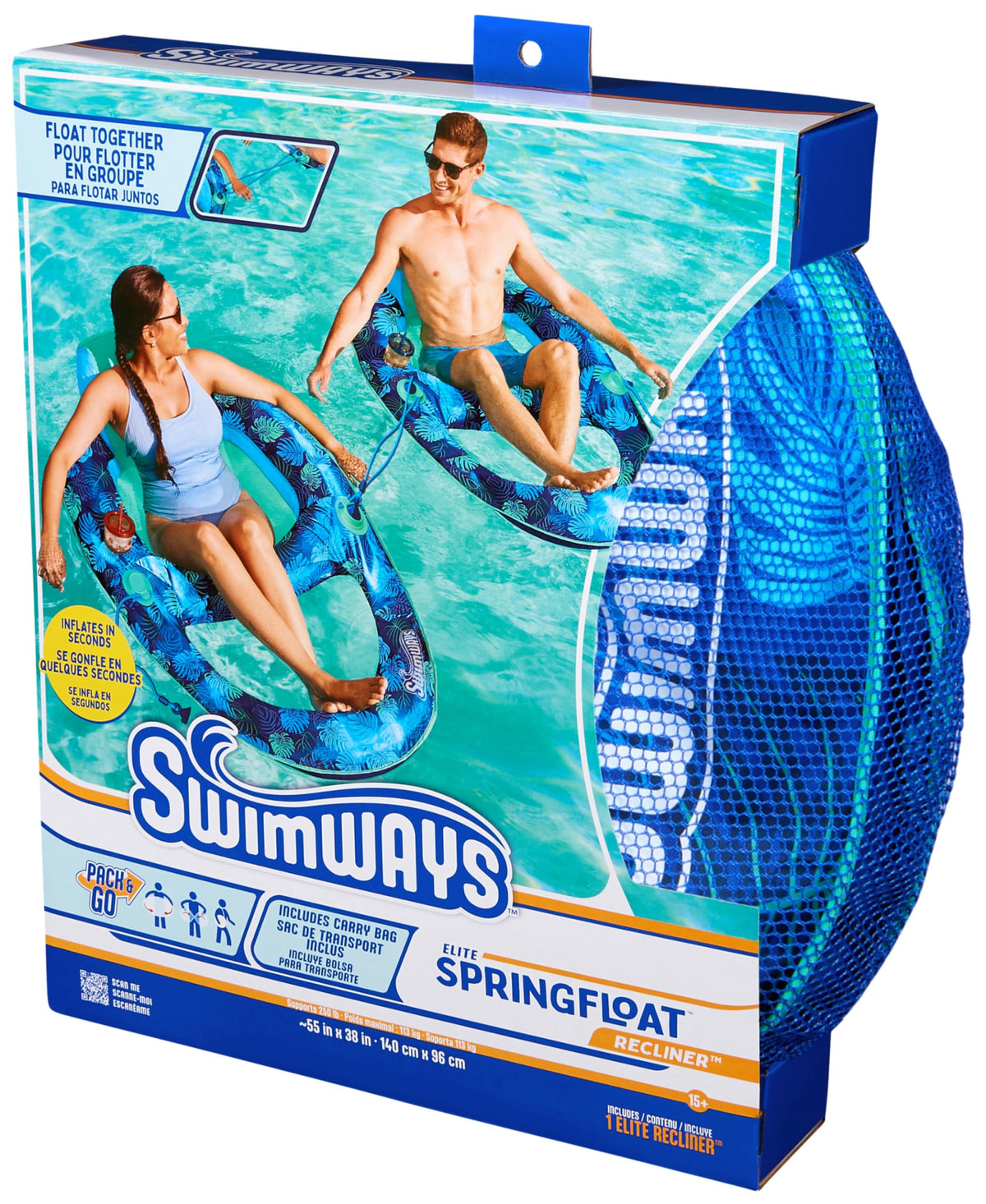 SwimWays Elite Spring Float Recliner dimensions 55x38x16 inches and 250 lb capacity