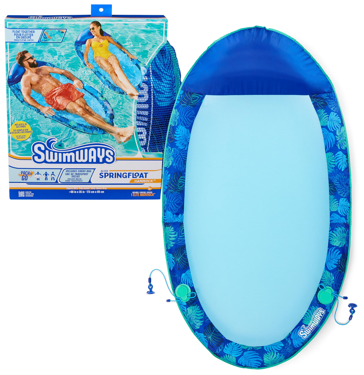 SwimWays Elite Spring Float Hammock pool lounger resting just below water for cooling relief.