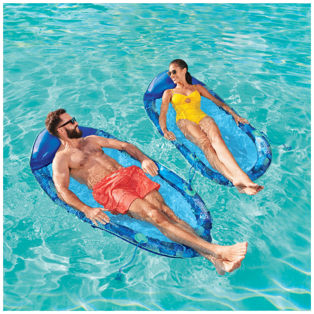 SwimWays Elite Spring Float Hammock shows soft cooling mesh for hours of leisure.