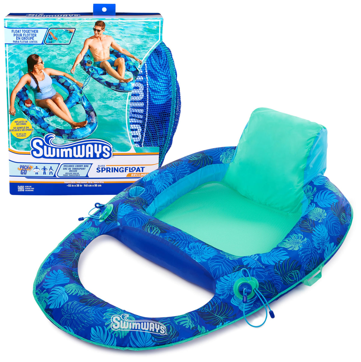 SwimWays Elite Spring Float Recliner demonstrating a comfortable lounge position for cool pool relaxation
