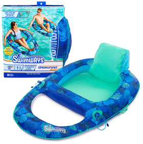 SwimWays Elite Spring Float Recliner demonstrating a comfortable lounge position for cool pool relaxation
