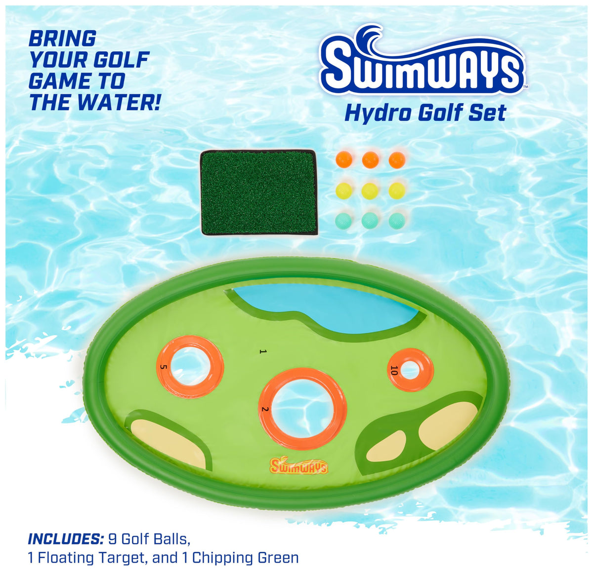 SwimWays Hydro Golf chipping green set up beside pool
