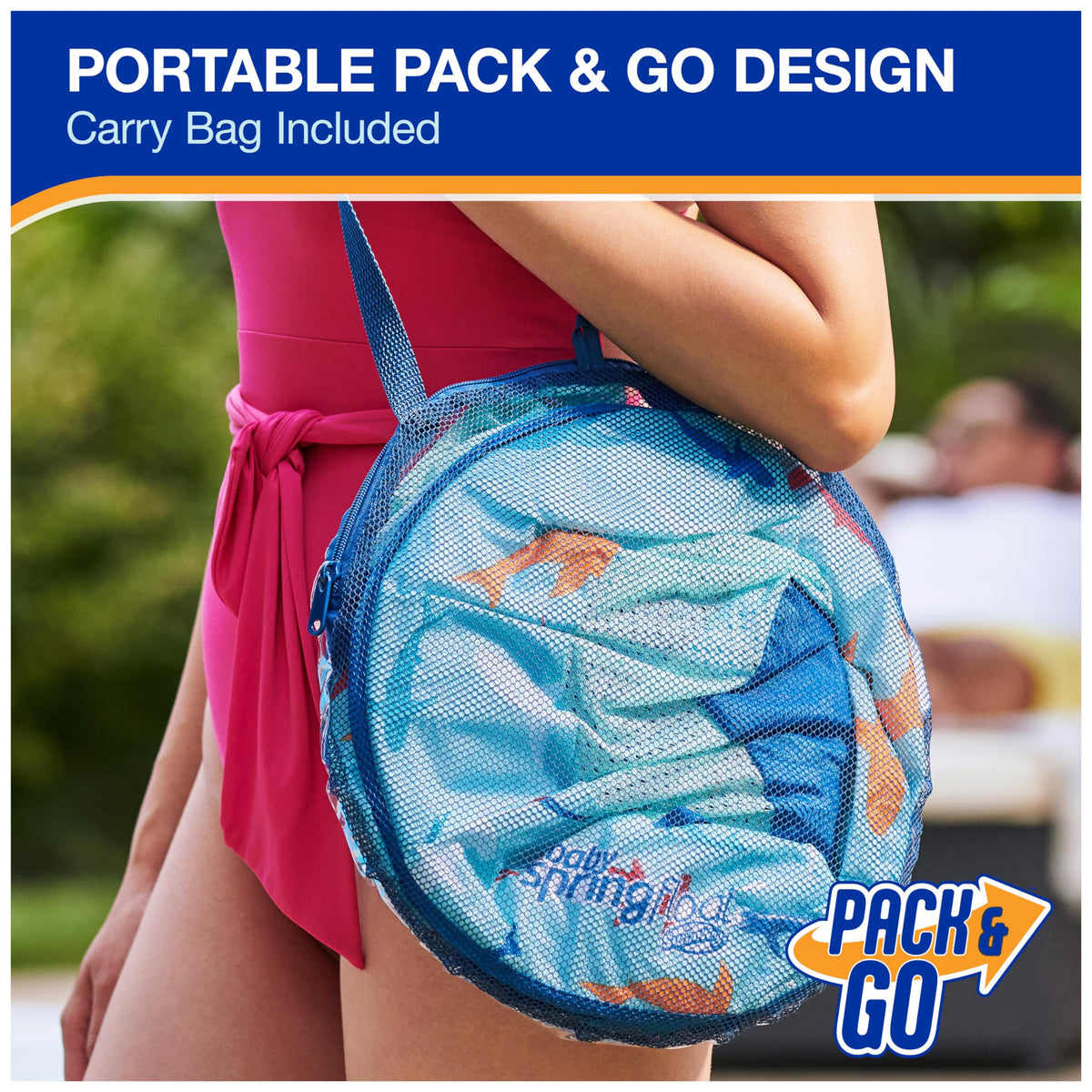 SwimWays mesh seat with leg holes supports tiny feet during splashes.