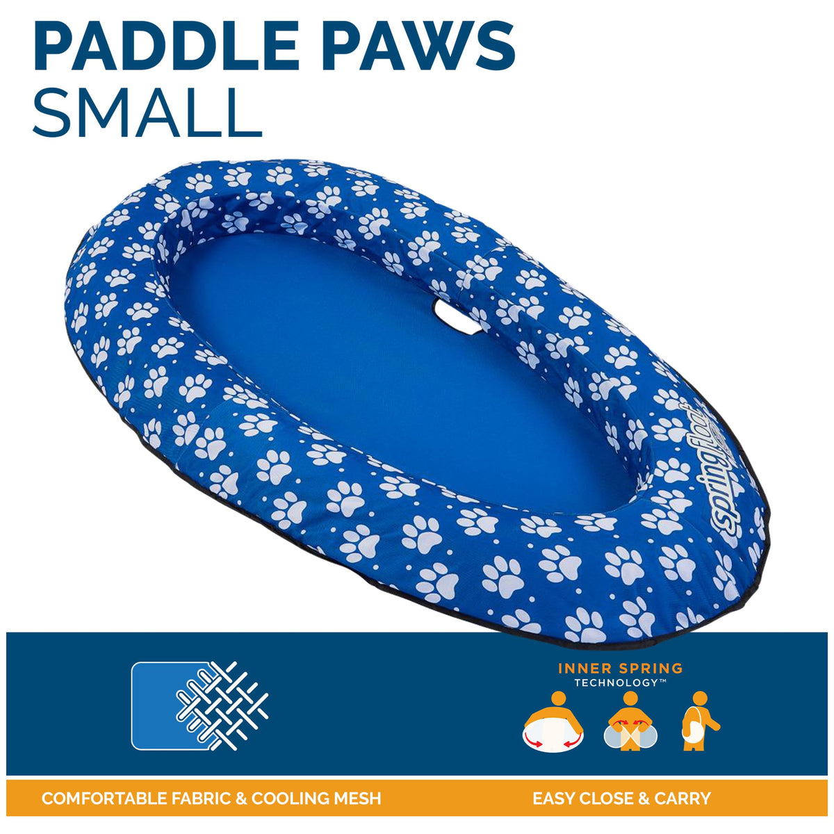 SwimWays Paddle Paws dog raft in water demonstrating easy floating for dogs up to 65 lbs
