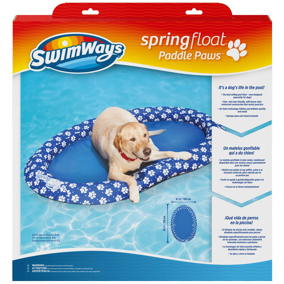SwimWays Paddle Paws dog raft inflated for a large dog, showing stable flotation