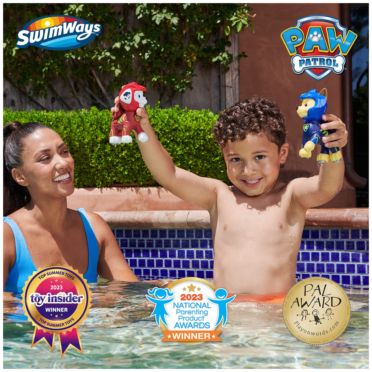 SwimWays Paw Patrol Floatin' Figures Marshall figure floating in pool for upright, splash-friendly fun.
