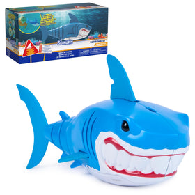 SwimWays Rainbow Reef shark toy swims underwater, engaging kids in playful water exploration.