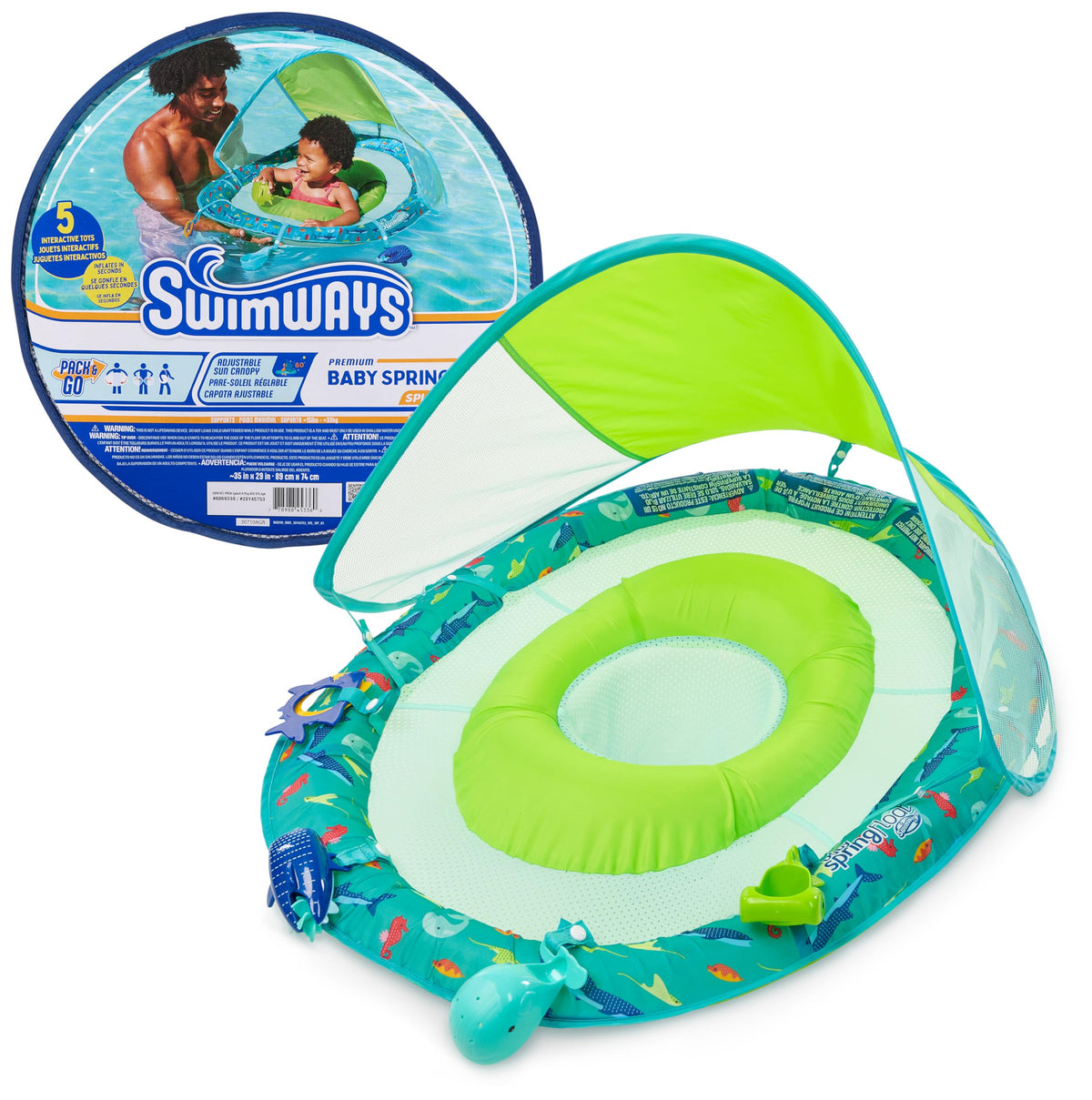 SwimWays Splash N' Play baby spring float in water, for ages 9-24 months, with shade canopy