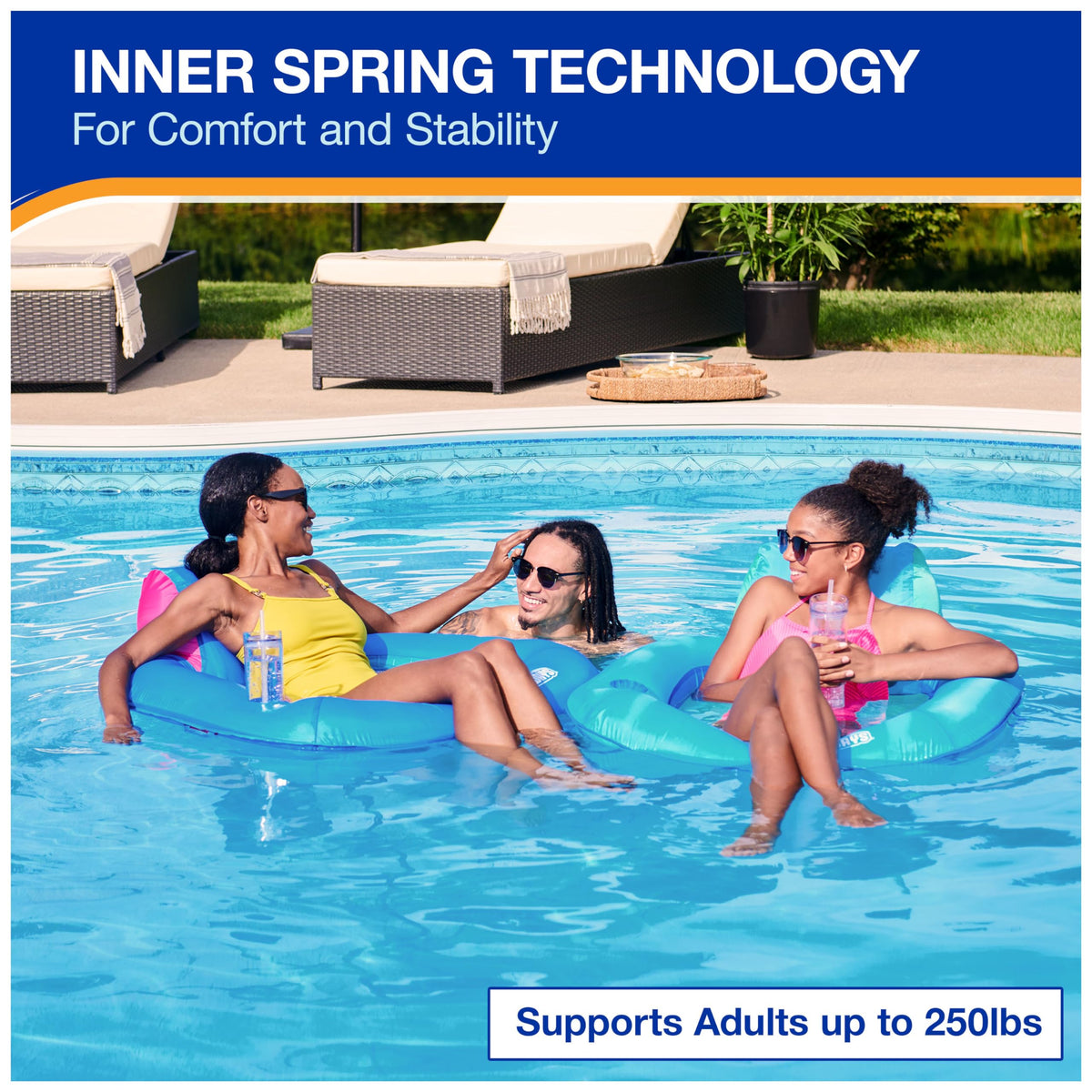SwimWays Spring Float inflatable backrest and cupholder support upright lounging.