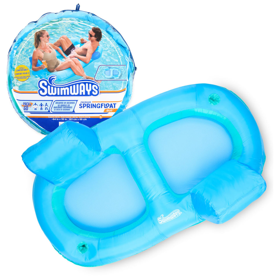 SwimWays Spring Float Premium Duo aqua two-seat pool lounge for shared relaxation.
