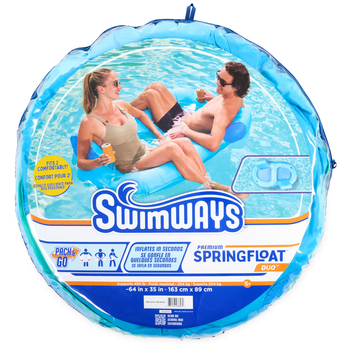 Total weight capacity 450 lbs for SwimWays Spring Float Premium Duo.