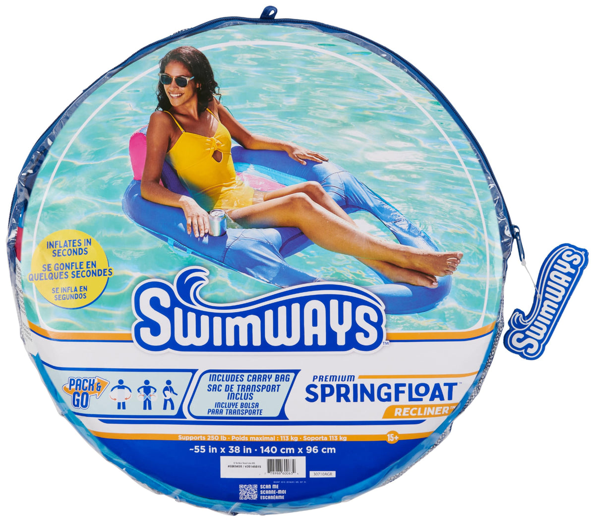 SwimWays Spring Float Premium Recliner supports most adults up to 250 pounds.