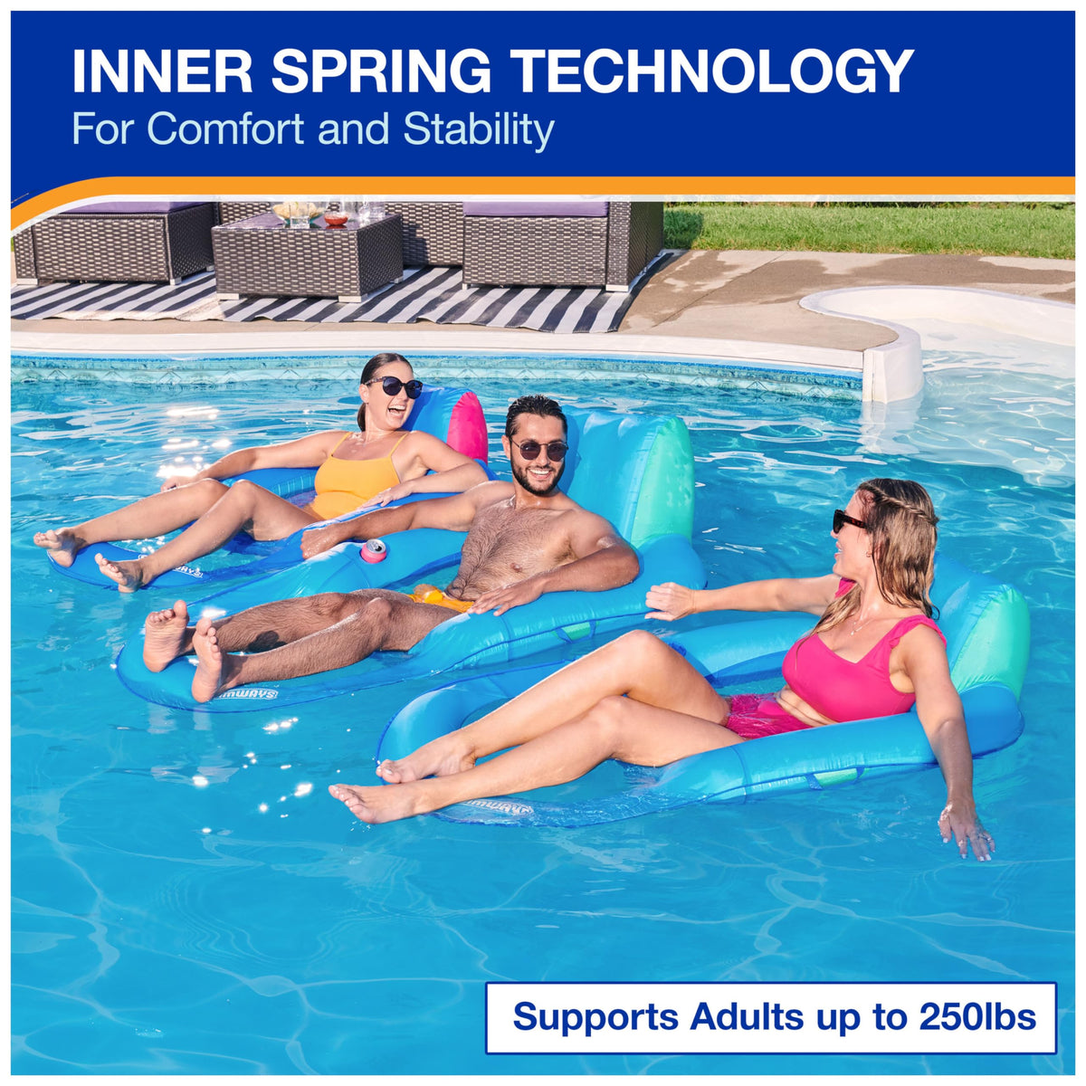 SwimWays Spring Float Premium Recliner inner spring edge enhances stability.