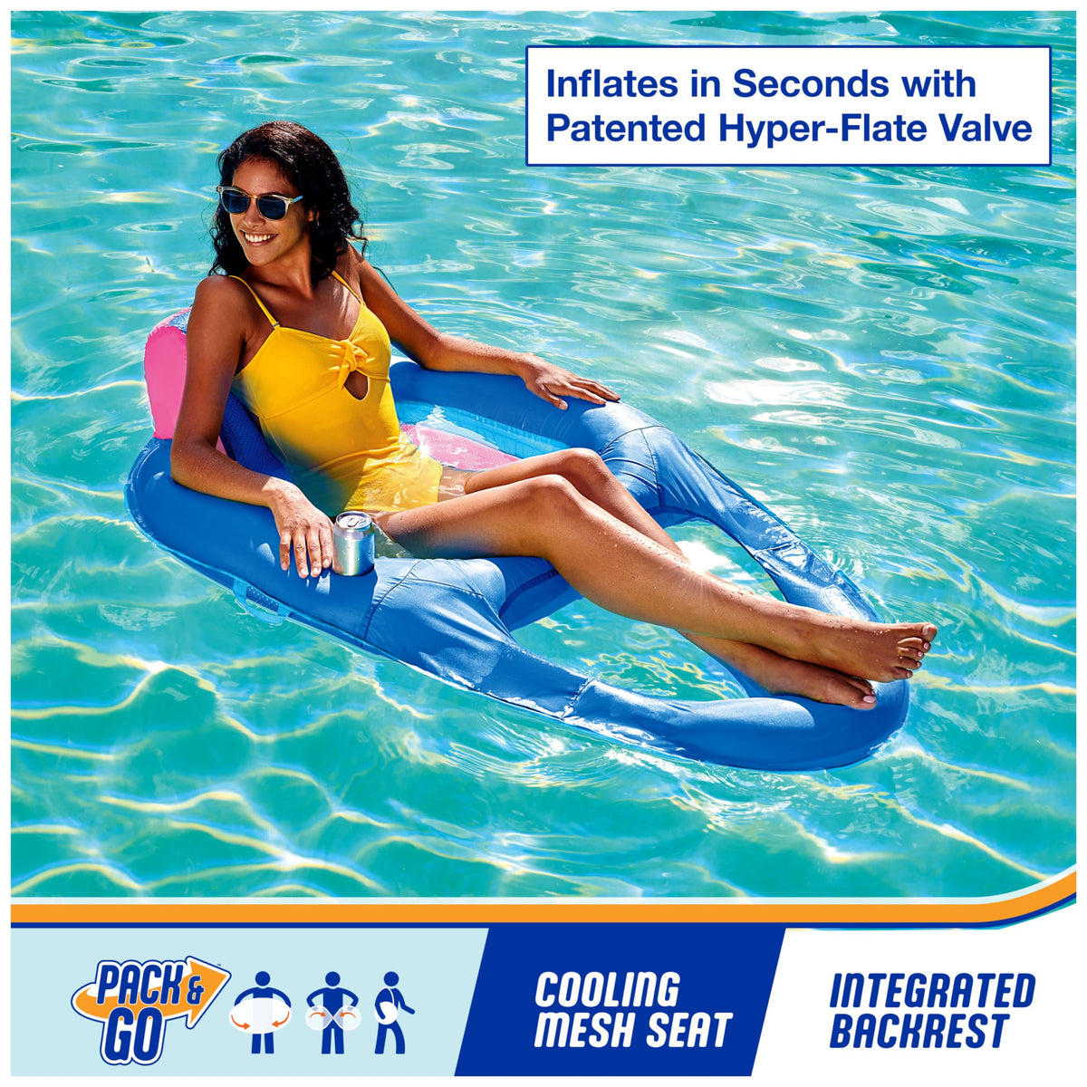 SwimWays Spring Float Premium Recliner mesh seat and headrest for cool comfort.