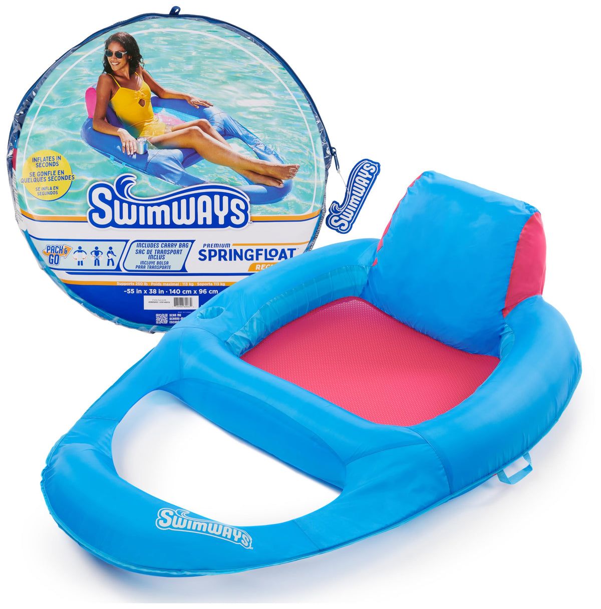 SwimWays Spring Float Premium Recliner pool lounger ready for relaxed lounging in water.