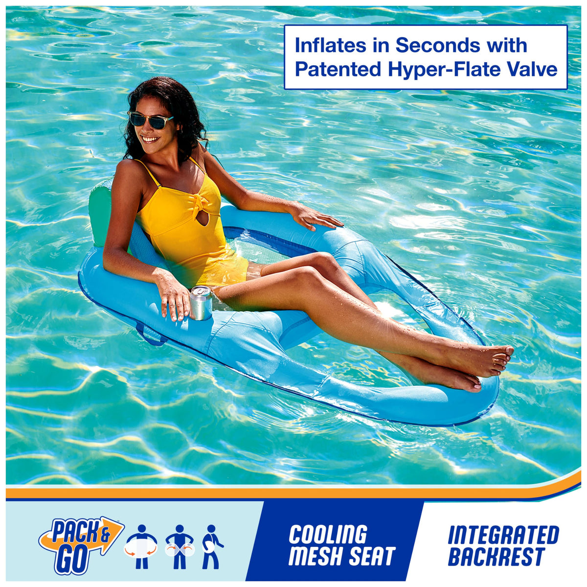 SwimWays Spring Float Premium Recliner side view showing integrated headrest for comfort