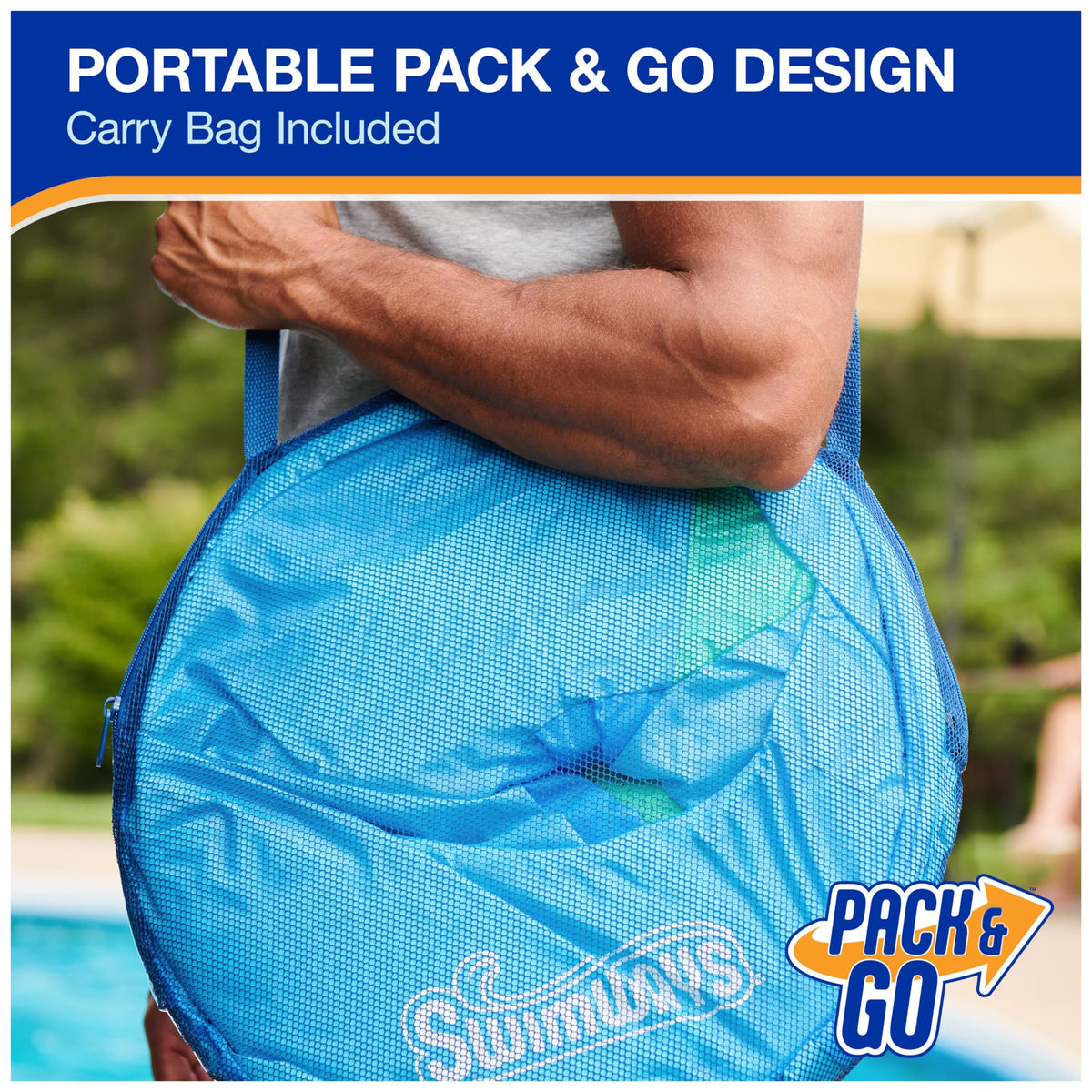 SwimWays Spring Float in sky blue adds vibrant poolside style.