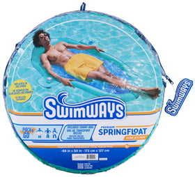 SwimWays Spring Float Suncatcher full setup showing dimensions and lounging pose