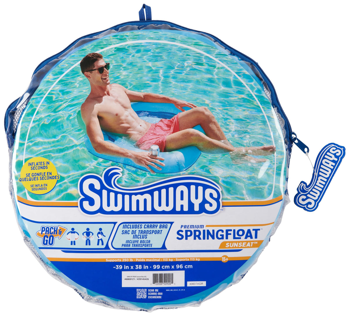 SwimWays SunSeat measures 38x38x15.5 inches and supports up to 250 lbs.