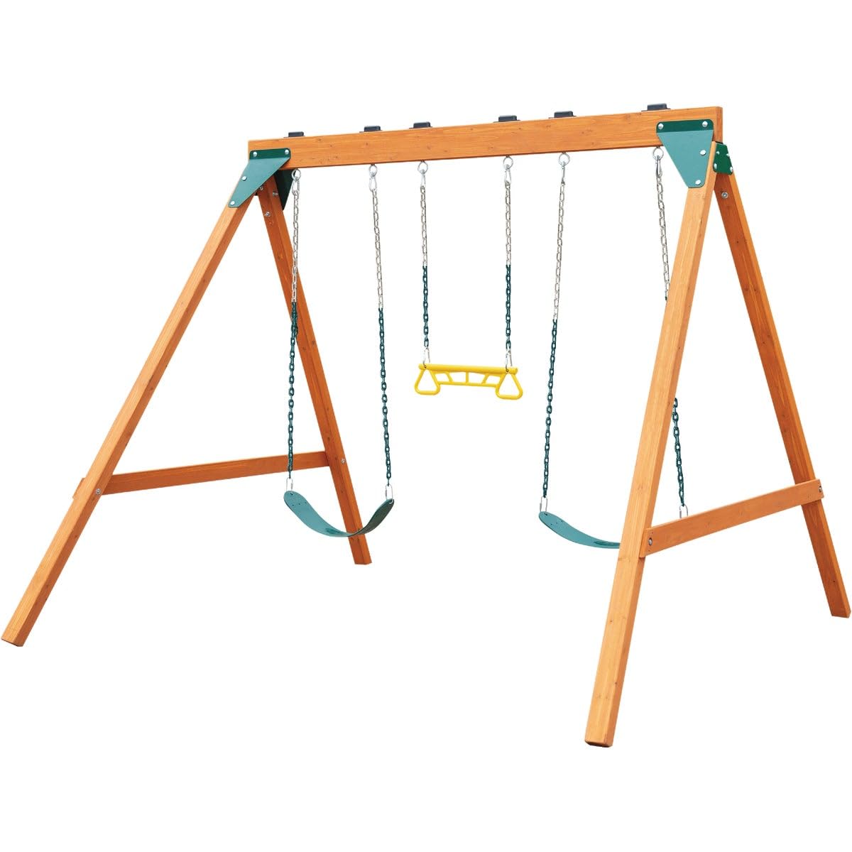 Swing-N-Slide Ranger wooden swing set with two swings and coated chains for safe backyard fun.