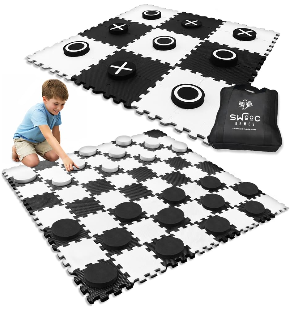 Swooc Games giant checkers board set up for big outdoor or indoor play.