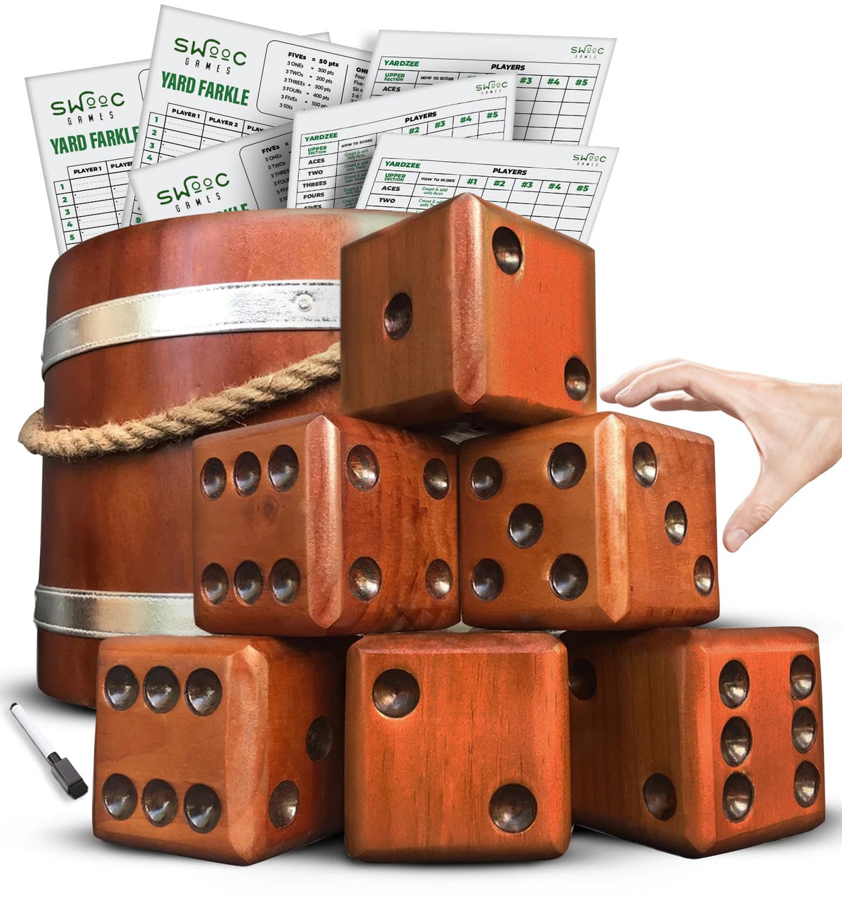 Swooc Games giant dice close-up showing dramatic 3.5-inch faces for yard play.