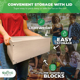 SWOOC Games Giant Tower base used as a table for instant outdoor play.