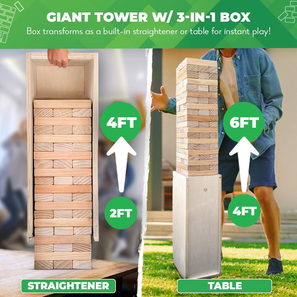 SWOOC Games Giant Tower showing transforming box used as straightener for stability.