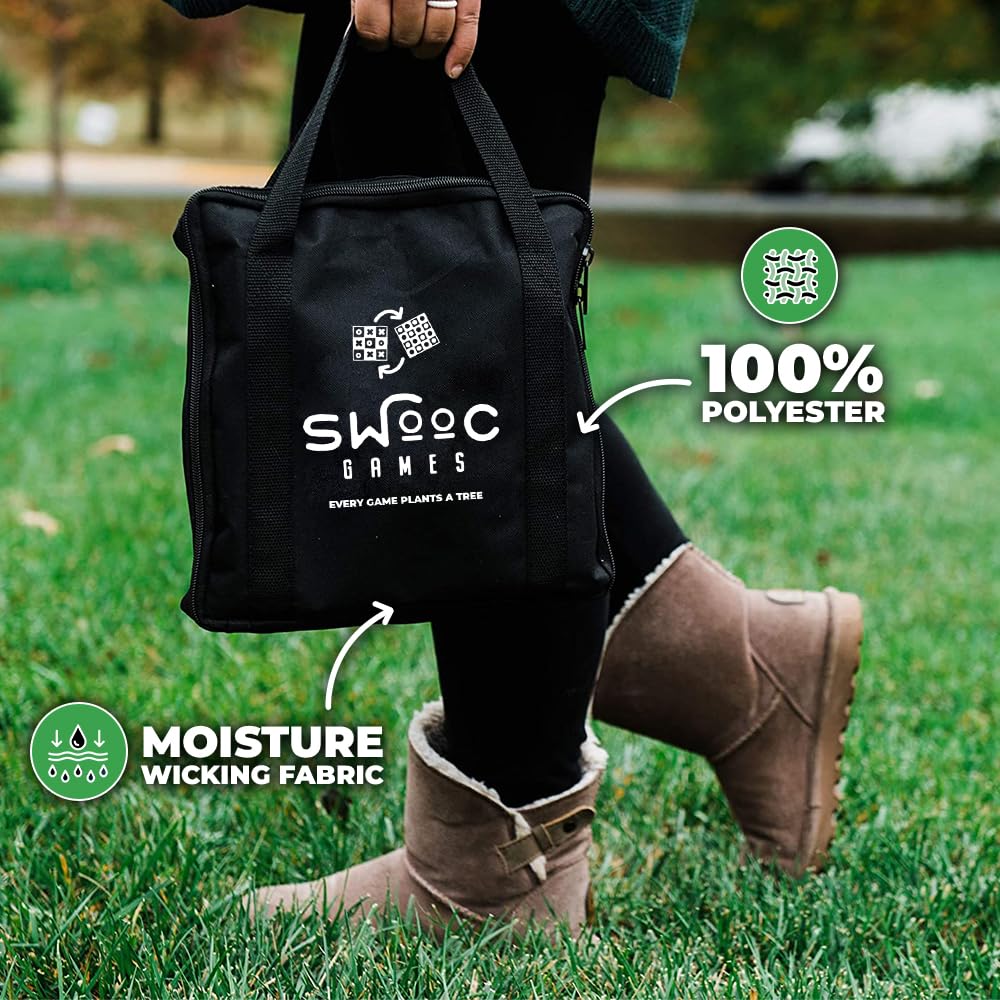 Swooc Games indoor-outdoor setup with storage bag for portability.
