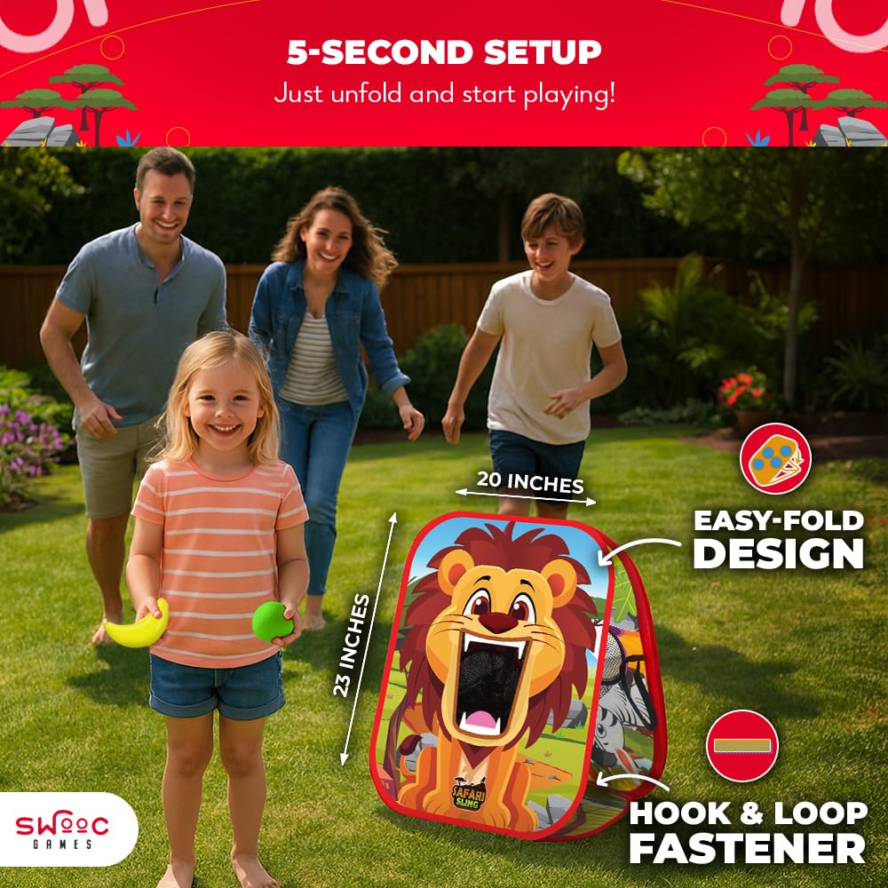 Swooc Safari Sling includes eight fruit-shaped bean bags for tactile tossing.