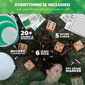 SWOOC weather-resistant wooden dice pack for outdoor use on grass.