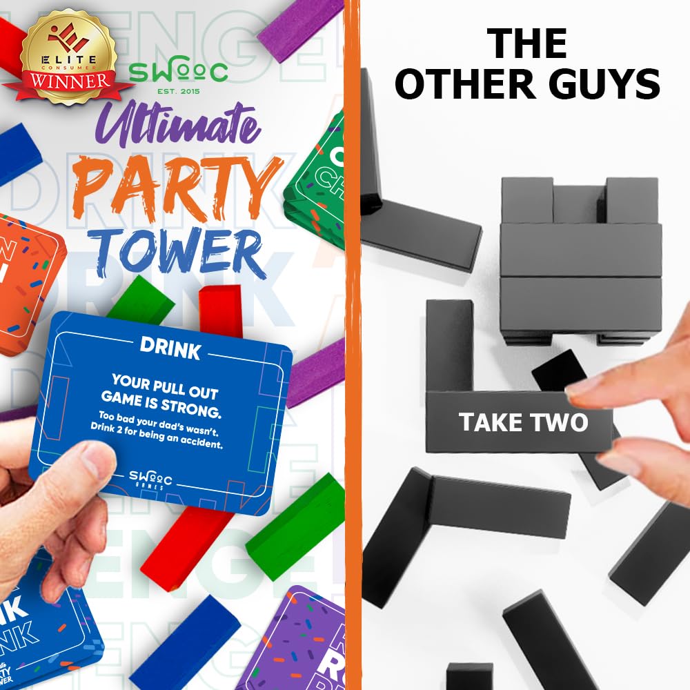 SWOOC wooden blocks in blue, orange, green, and purple highlight colorful, reusable gameplay