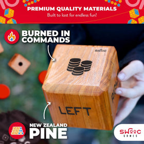 SWOOC wooden dice crafted from New Zealand pine for durable outdoor use