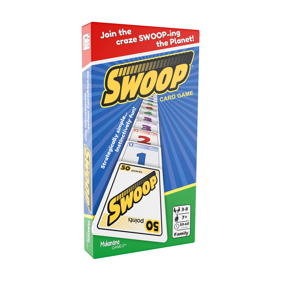 SWOOP card game box with three decks enables quick family setup.