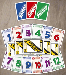 SWOOP rigid box with dividers keeps cards organized for long games.