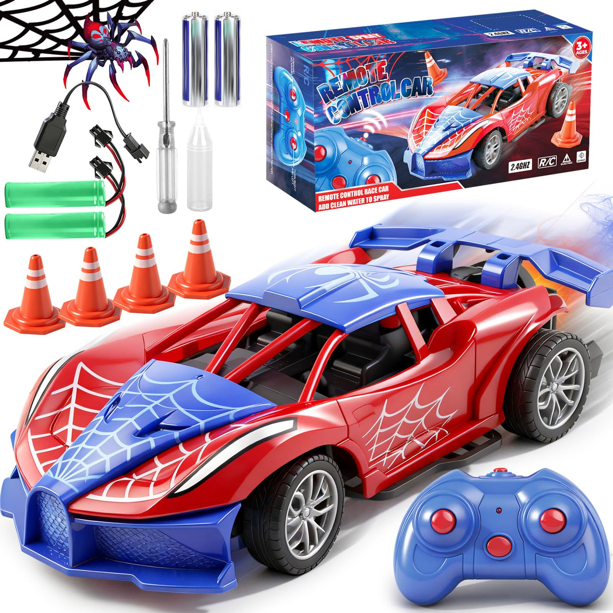 SwordRain spider RC car with glowing tail lights and mist trail for dramatic action