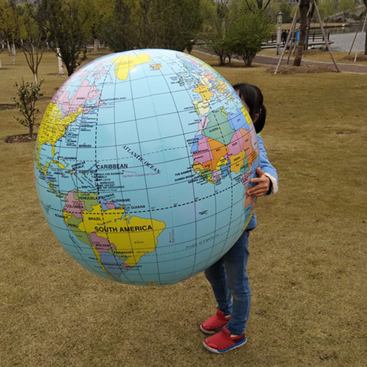 SWR 36-inch inflatable world globe with vivid oceans and continents for classroom use