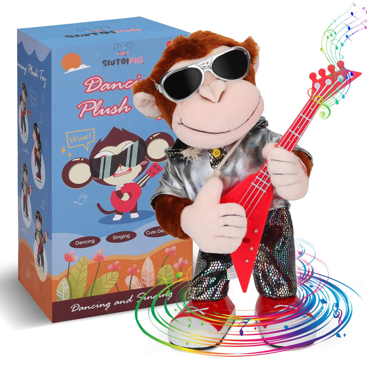 SWTOIPIG Dancing Monkey plush toy with guitar for child-friendly musical play.