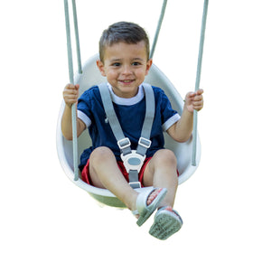 Swurfer Coconut toddler swing front view showing ergonomic seat for comfortable play