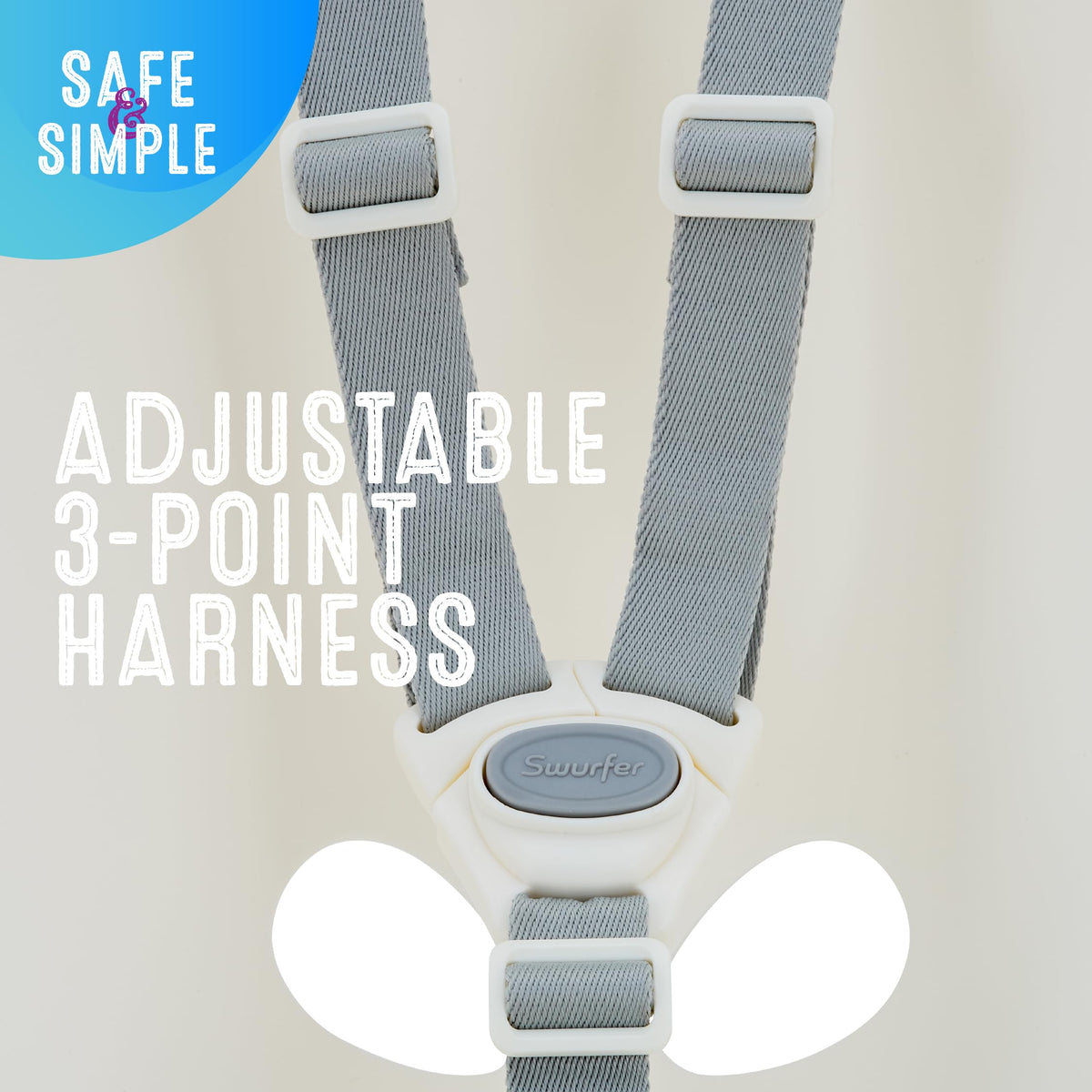 Swurfer Coconut harness close-up shows soft 3-point straps for gentle support