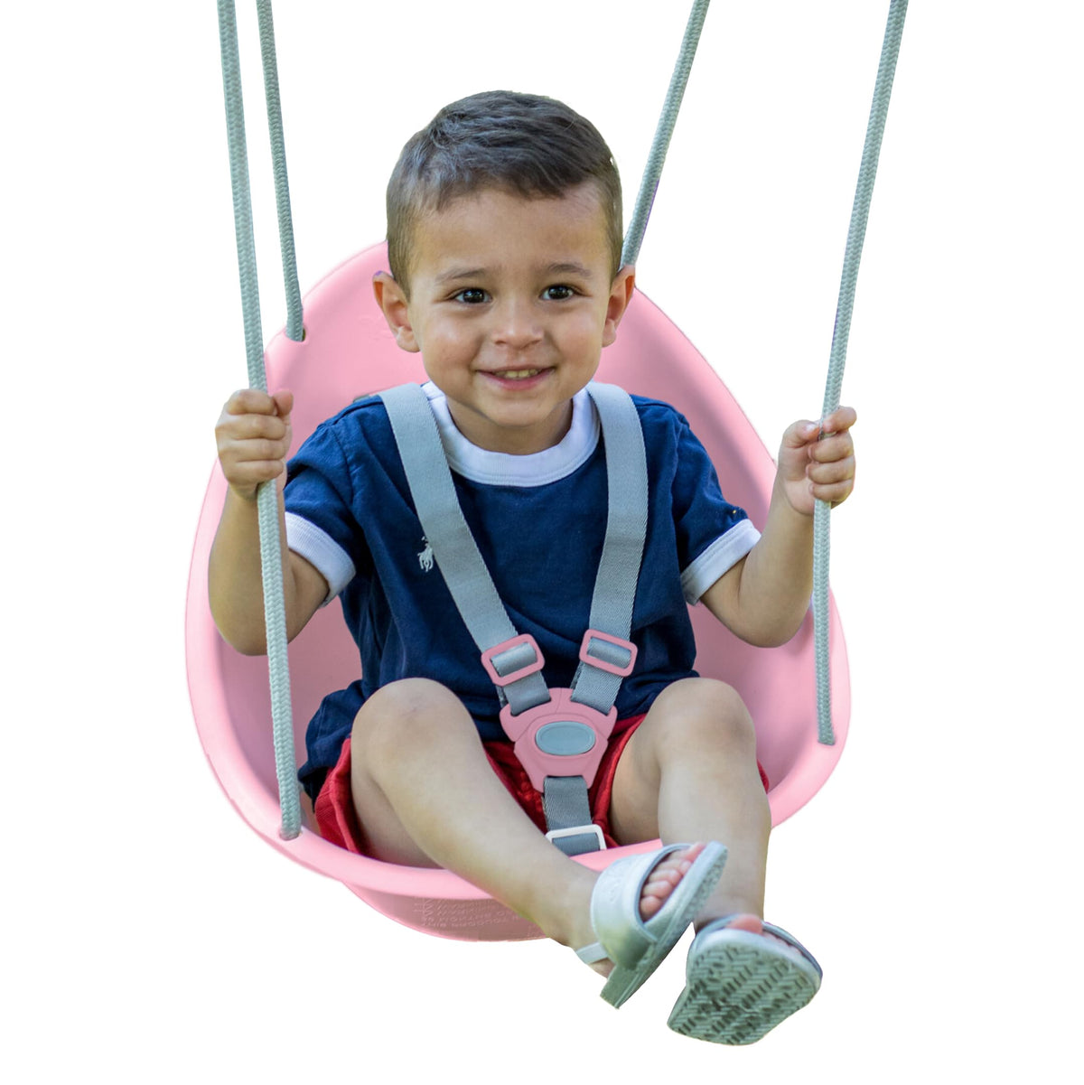Swurfer Coconut rose pink toddler swing with secure 3-point harness for safe seated play.