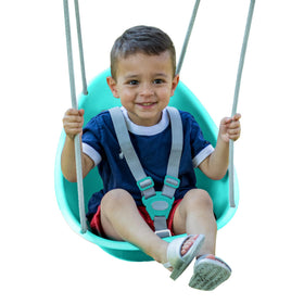 Swurfer Coconut teal toddler swing with 3-point harness for indoor or outdoor use