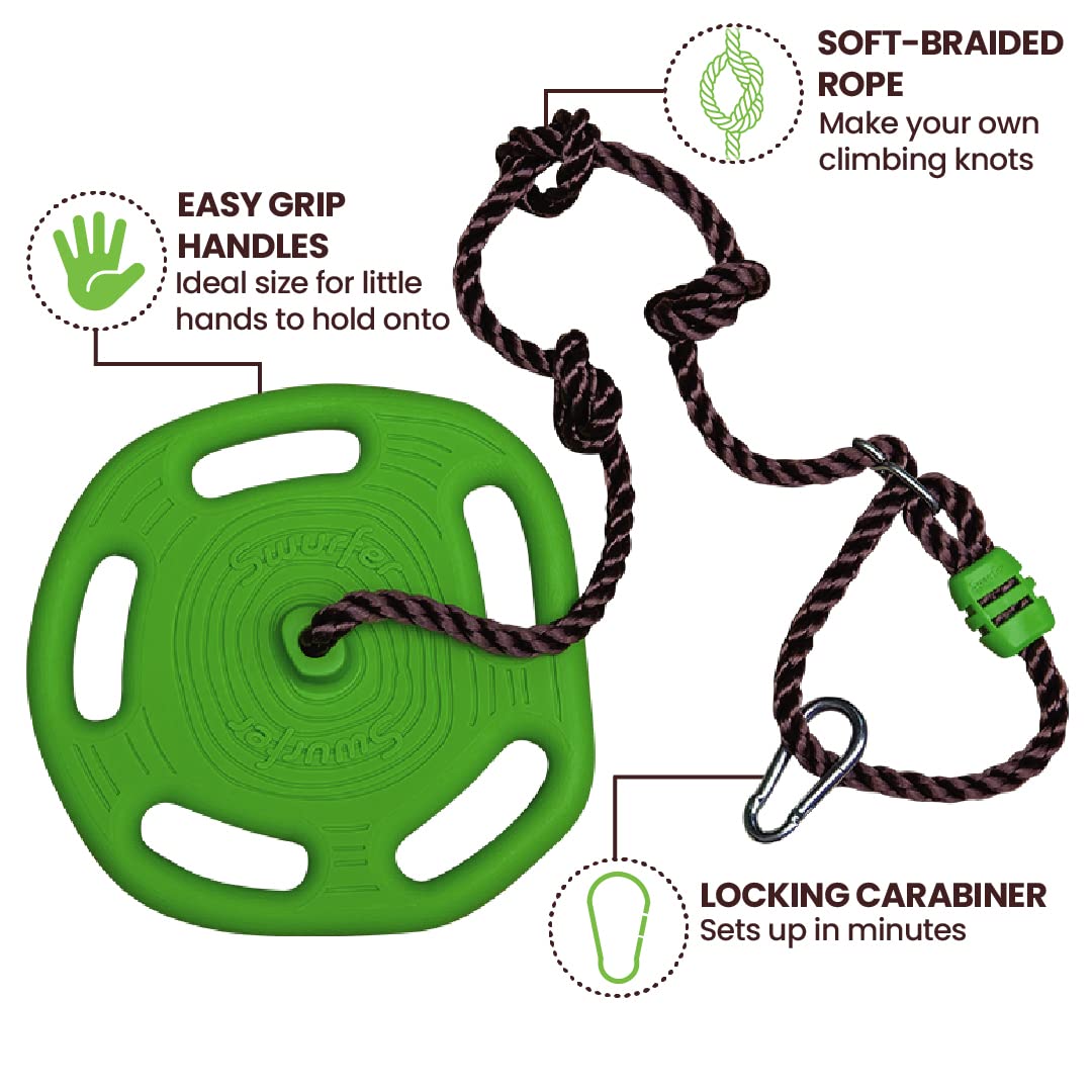 Swurfer Disco Tree Swing in use with active outdoor play by kids