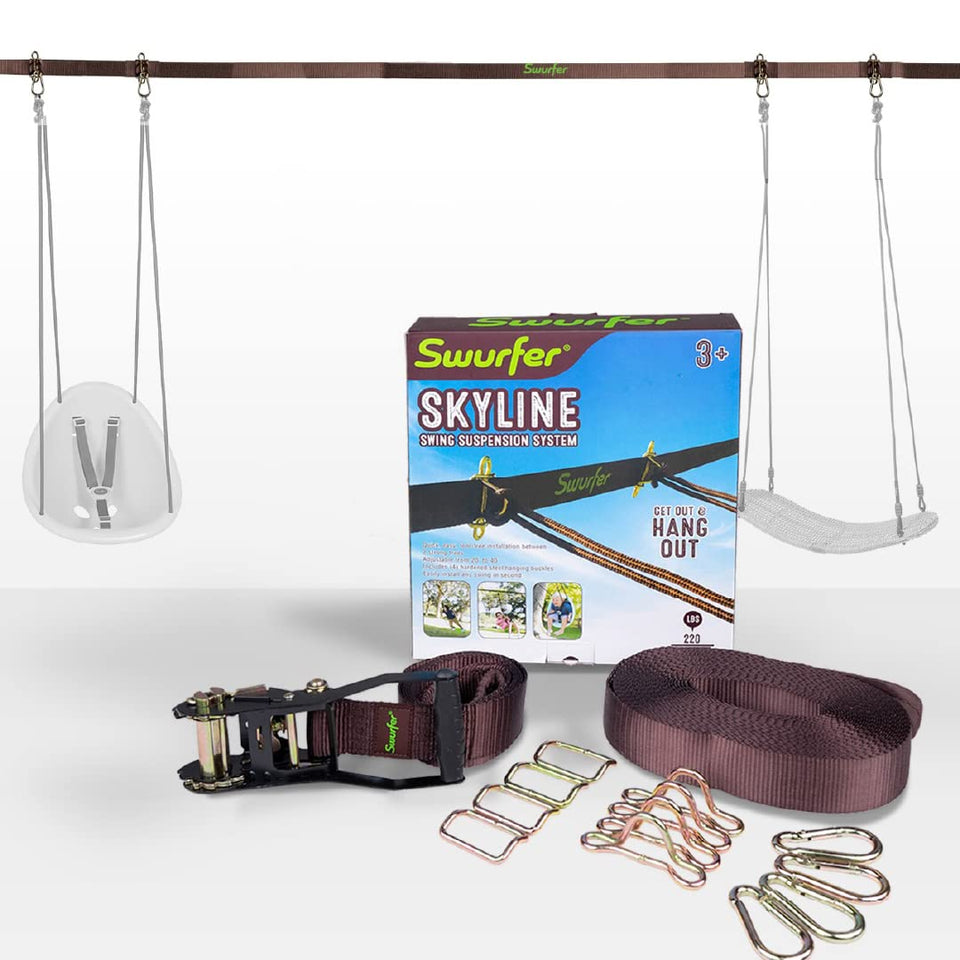 Swurfer Skyline hanging kit between two trees for a versatile backyard swing setup.