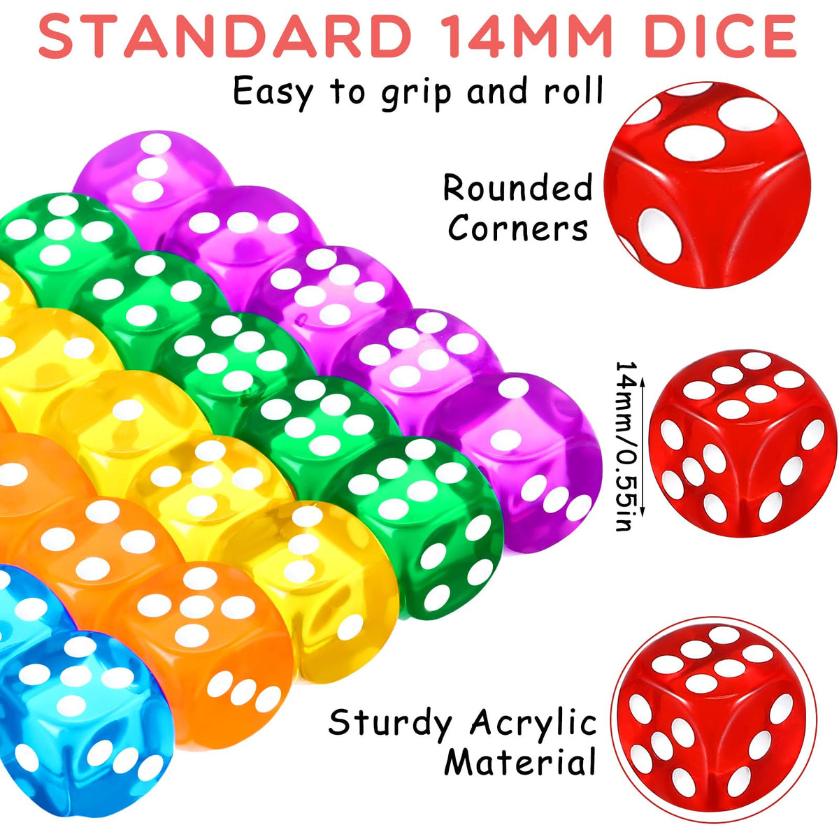 Syhood dice in 10 colors ready for teaching and games.