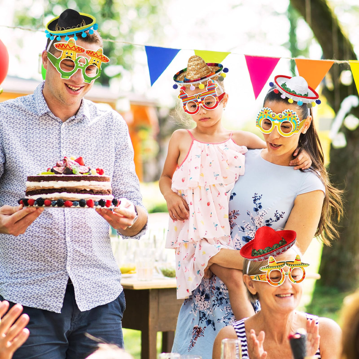Syhood colorful party set contents, complete festive decor for guests.
