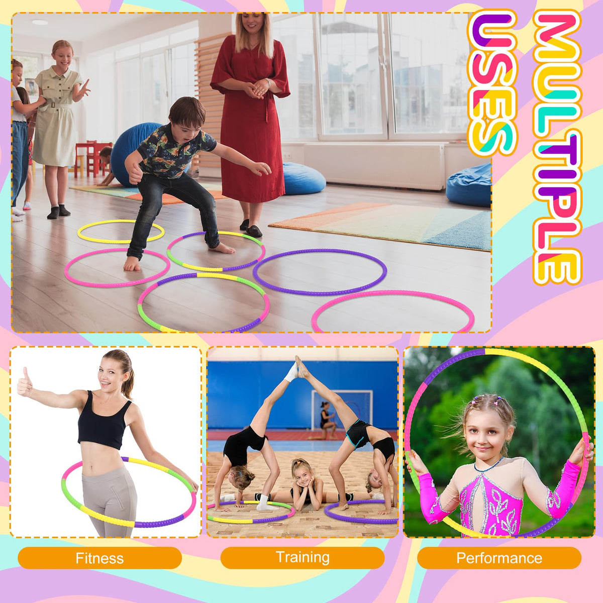 Syhood hoop being used in a party dance or group game setting